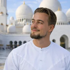 Thom J. Défilet (Rayyan), founder of DAFIC, in front of a white mosque