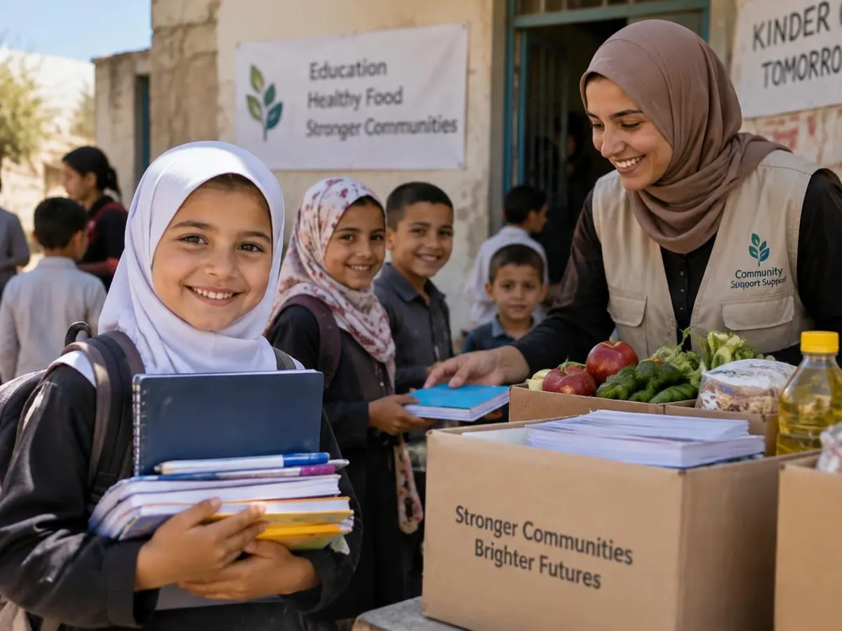 Volunteer handing out school supplies and food to children